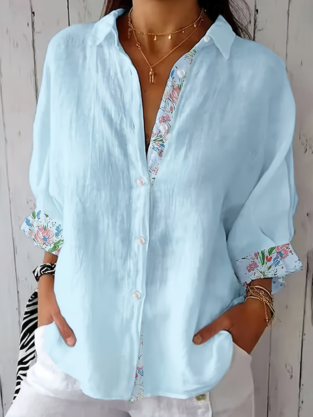 

Women Floral Shirt Collar Three Quarter Sleeve Shirt Printing Casual Daily Spring/Fall Top, Blue, Shirts