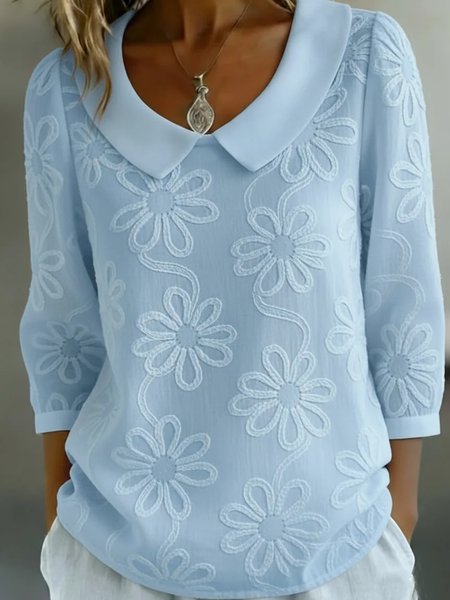 Shawl Collar Half Sleeve Floral Regular Loose Shirt For Women