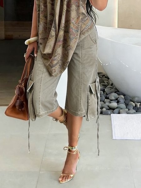 

Denim Casual Plain Pockets Cargo Pants, Army green, Denim Shorts