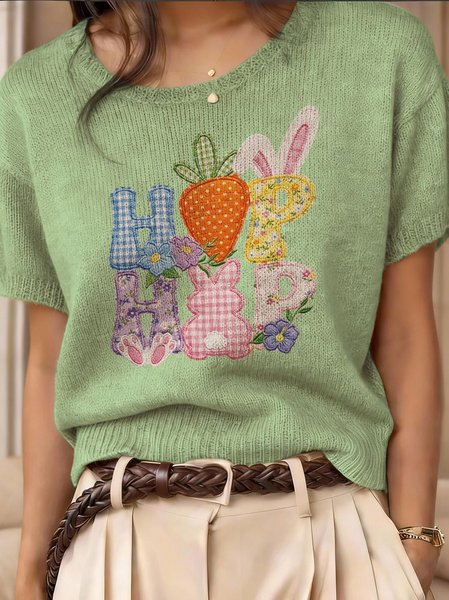 

Vintage 3D Printing Floral Short Sleeve Round Neck Easter Rabbit Wool/Knitting Knit Top, Green, T-shirts