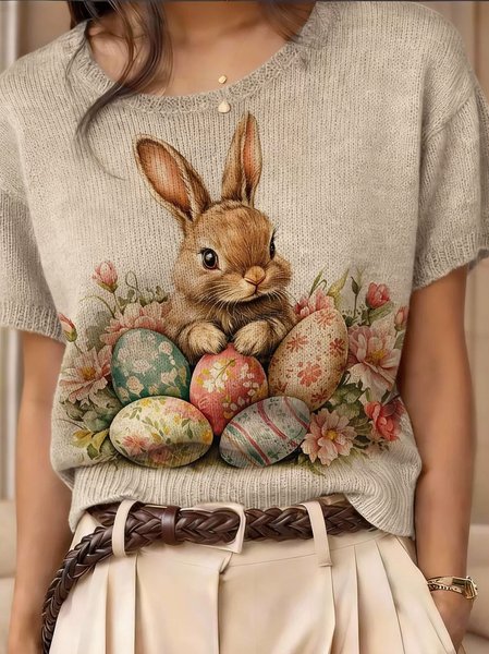 

Vintage 3D Printing Floral Short Sleeve Round Neck Easter Rabbit Wool/Knitting Knit Top, Color3, T-shirts