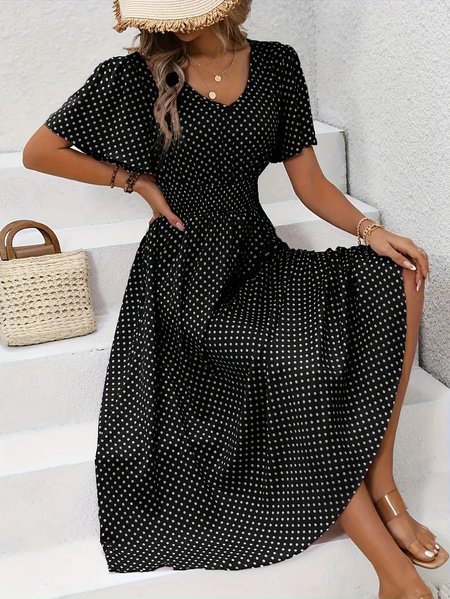 Women Polka Dots Summer Printing Dress V Neck Short Sleeve Tank A-Line Dress