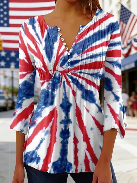 V Neck Half Sleeve 3D Printing Regular Micro-Elasticity Regular Fit Blouse For Women