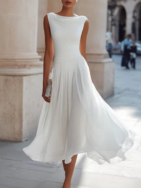 Elegant Plain Pleated Cowl Neck Midi Dress