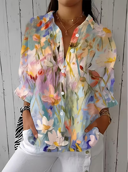 

Shirt Collar Three Quarter Sleeve Floral Printing Regular Loose Button Up Shirt Shirt For Women, As picture, Shirts