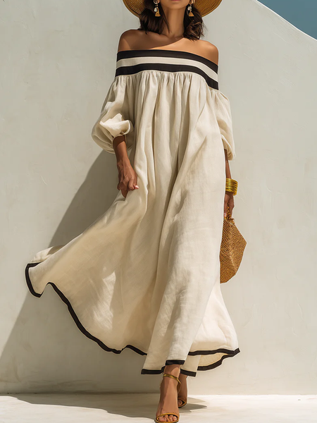 Vacation Color Block Cold Shoulder Cotton And Linen Maxi Dress
