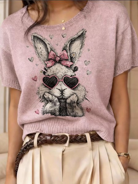 

Vintage 3D Printing Floral Short Sleeve Round Neck Easter Rabbit Wool/Knitting Knit Top, Color1, T-shirts