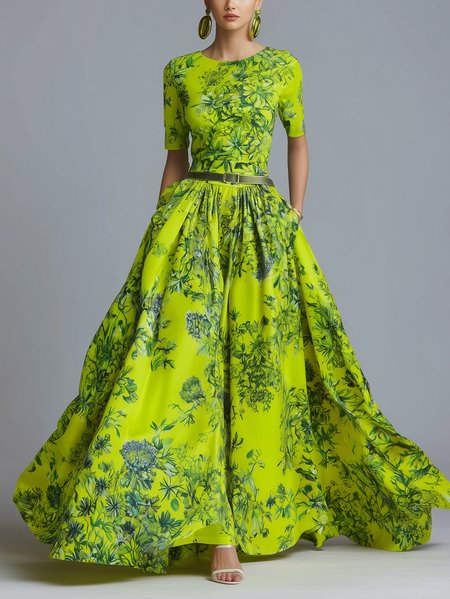 

Plus Size Elegant Floral Printing Crew Neck Maxi Dress With Belt, Green, Plus Dresses