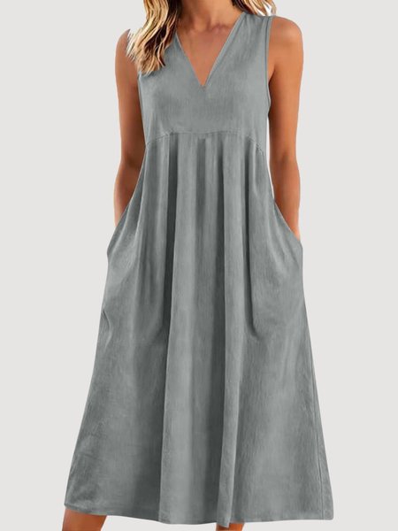 

Women Plain Summer Dress V Neck Sleeveless A-Line Dress, Gray, Dresses