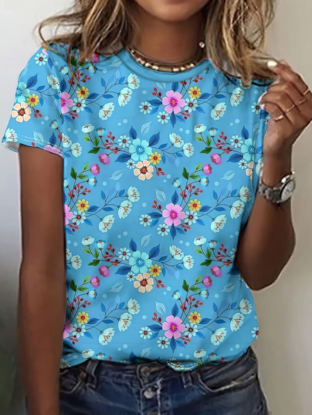 

Women Floral Short Sleeve Tee T-shirt Crew Neck Printing Casual Graphic Tee Summer Top, Blue, T-Shirts