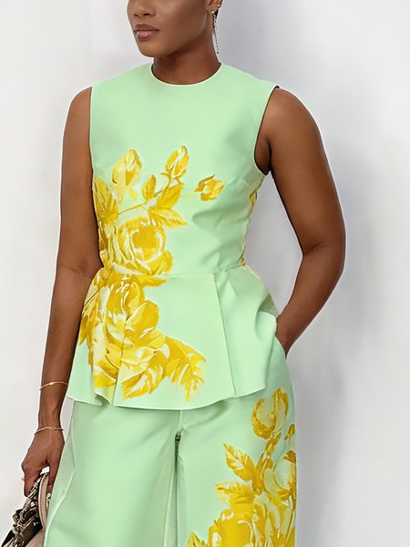 

Elegant Floral Printing Crew Neck Blouse, Green, Blouses and Shirts