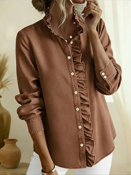 

V Neck Long Sleeve Plain Regular Loose Shirt For Women, Khaki, Shirts