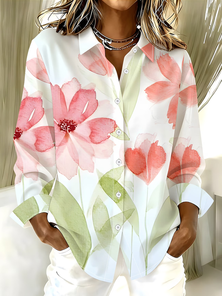 

Women Floral Shirt Collar Long Sleeve Shirt Buckle Casual Daily Spring/Fall Top, White, Shirts