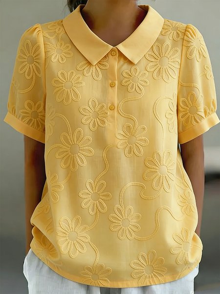 Shawl Collar Short Sleeve Floral Regular Loose Shirt For Women
