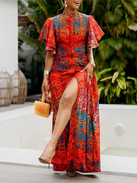 

Urban Geometric Flutter Sleeve Buttoned Maxi Dress, Red, Maxi Dresses