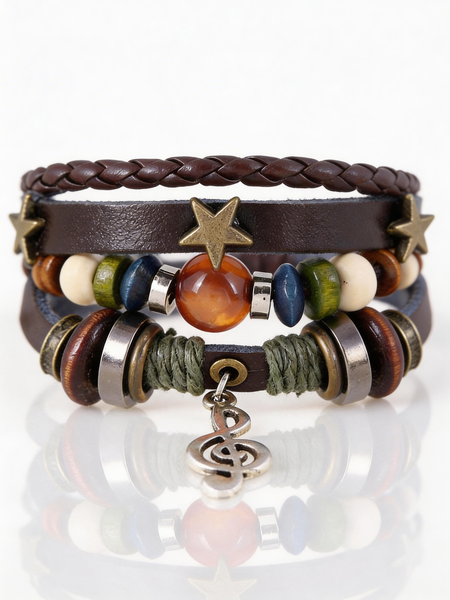 

Multilayer Beaded Leather Adjustable Bracelet with Music Note Charm — Hand-Woven Music Festival Accessory, Brown, Bracelet Set