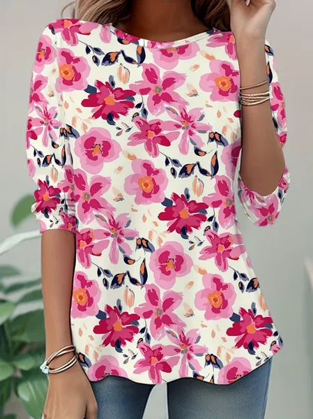 

Casual Floral Crew Neck Long Sleeve T-shirt, Pink, T-shirts