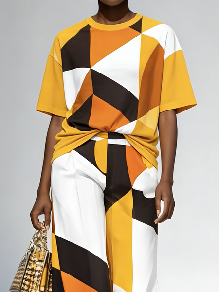 

Casual Geometric Crew Neck T-shirt, As picture, Tees