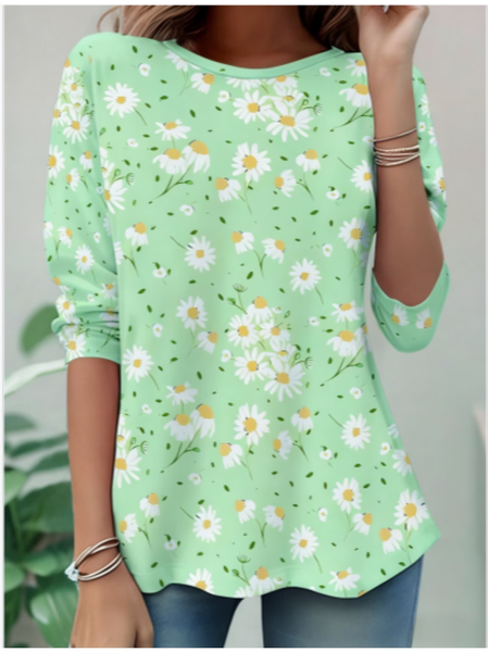 

Casual Floral Crew Neck Long Sleeve T-shirt, Green, T-shirts