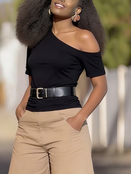 

Cotton Casual Plain Asymmetrical T-shirt With Belt, Black, Tees