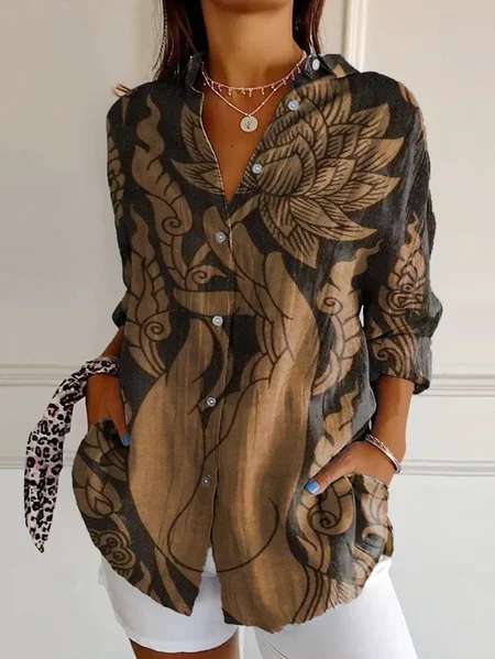 

Women Floral Shirt Collar Long Sleeve Shirt Buckle Casual Daily Spring/Fall Top, Brown, Shirts