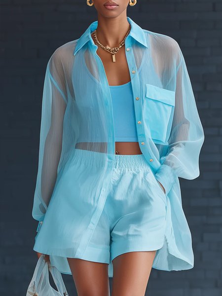

Casual Plain Shirt Collar Pocket Shirt, Blue, Blouses and Shirts