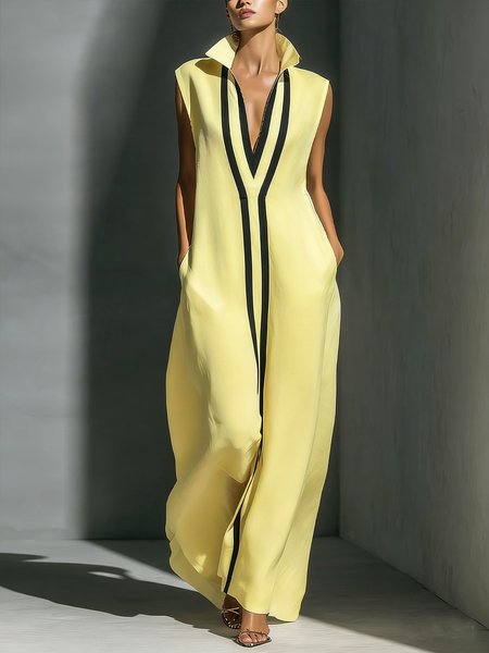 

Cotton And Linen Casual Color Block Stand Collar Jumpsuit, Yellow, Jumpsuits