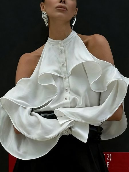 

Urban Plain Stand Collar Off Shoulder Sleeve Shirt, White, Blouses and Shirts