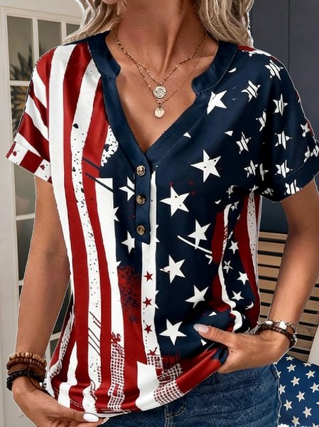 V Neck Short Sleeve 3D Printing Regular Regular Fit Shirt For Women