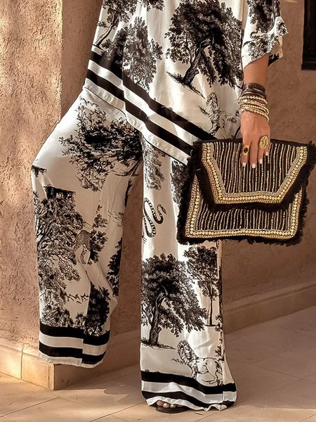 

Casual Botanical Pattern Printing Wide Leg Pants, As picture, Pants