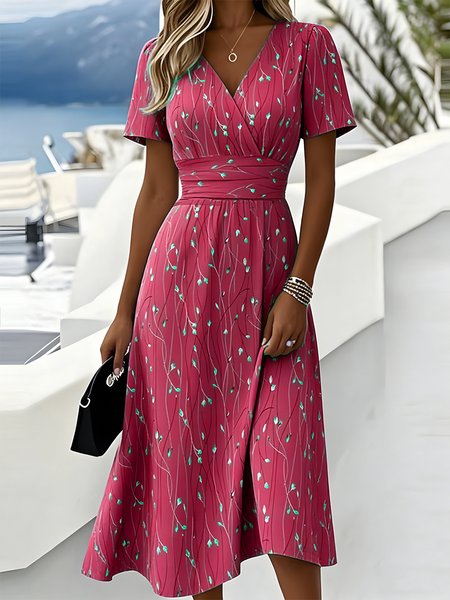 Women Leaf Summer Dress V Neck Short Sleeve Beach Dress A-Line Dress