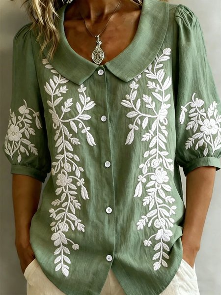 

Shawl Collar Half Sleeve Floral Regular Loose Shirt For Women, Green, Shirts