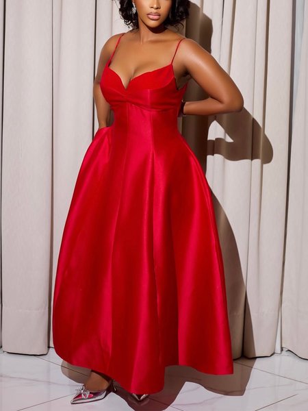 

Elegant Plain Spaghetti Maxi Party Dress, Red, Cocktail Dresses