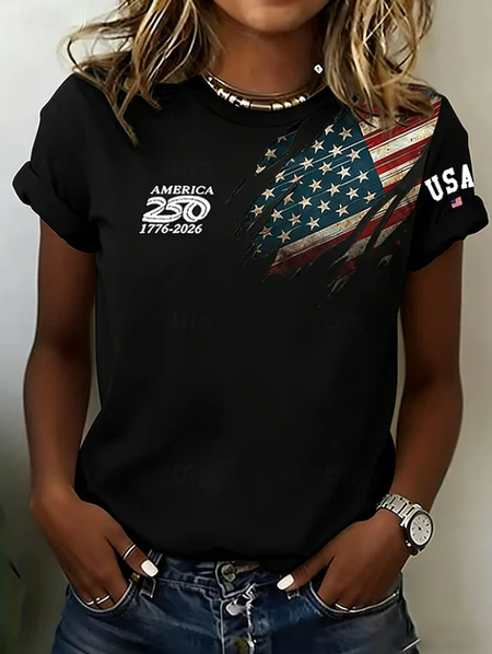 

Women Independence Day (Flag) Short Sleeve Tee T-shirt Crew Neck Printing Casual Graphic Tee Summer Top, Black, T-Shirts