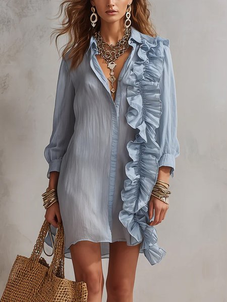 

Vacation Plain Peplum Shirt Collar Mini Dress, Blue, Mini Dresses