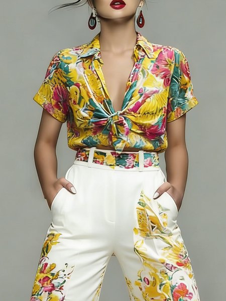 Urban Floral Printing Shirt Collar Shirt