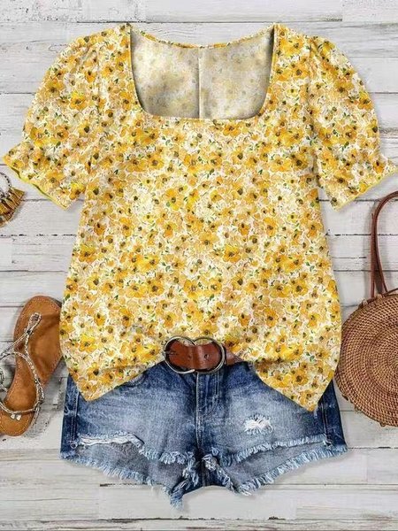 

Vintage Floral Square Neck Short Sleeve T-shirt, Color8, T-shirts