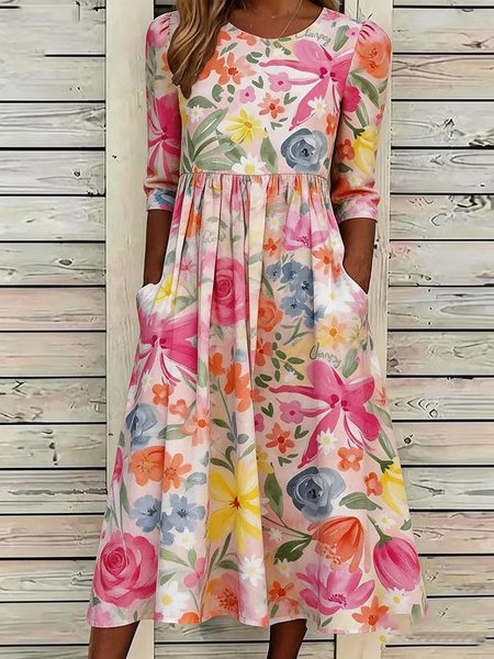 

Women Floral Summer Dress Crew Neck Half Sleeve A-Line Dress, As picture, Dresses