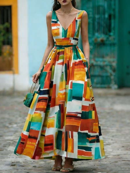

Elegant Colorblock Printing V Neck Maxi Dress, As picture, Maxi Dresses