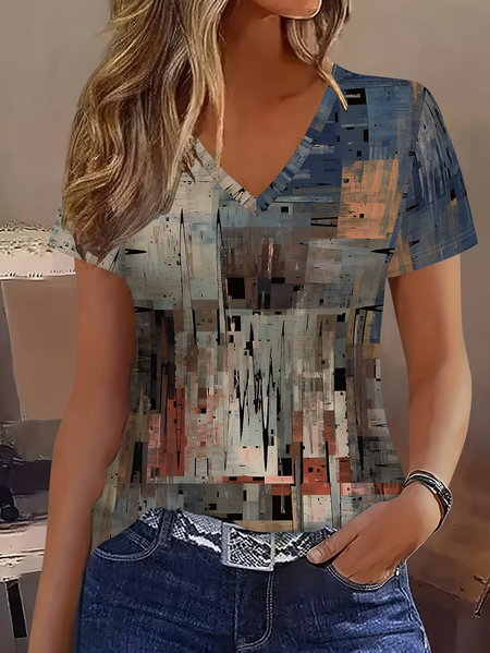 

Vintage Abstract V Neck Short Sleeve T-shirt, As picture, T-shirts