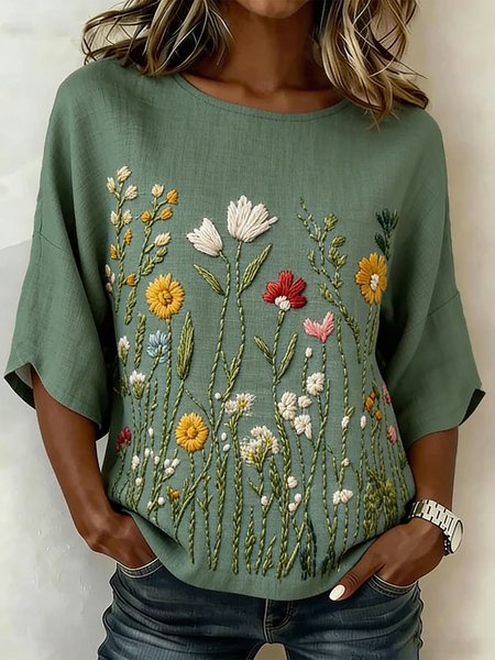 

Crew Neck Half Sleeve 3D Printing Lightweight Loose Shirt For Women, Green, Blouses
