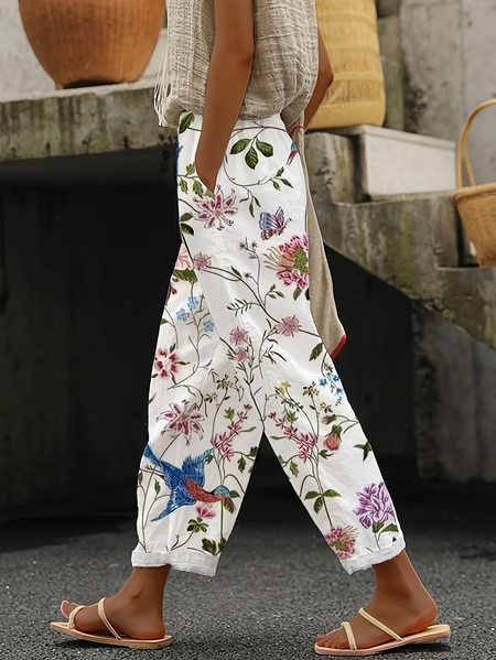 

Women Floral Ankle Pants Pants Casual Spring/Fall Trousers, White, Pants