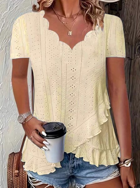 

V Neck Short Sleeve Plain Regular Micro-Elasticity Regular Fit Blouse For Women, Yellow, Blouses