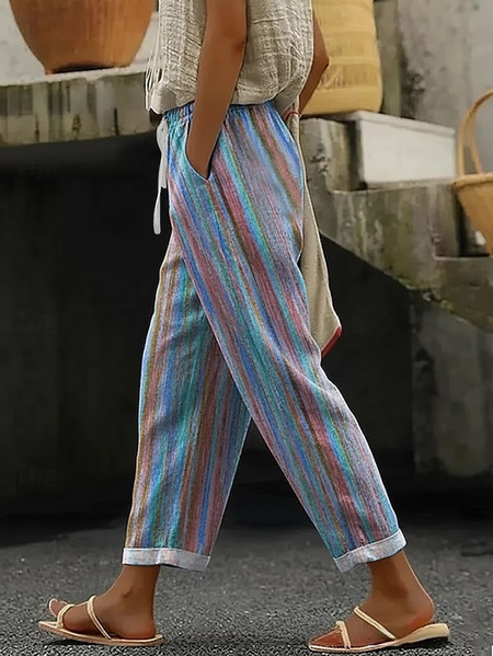 Women Abstract Stripes Ankle Pants Pants Casual Spring/Fall Trousers, Blue, Pants