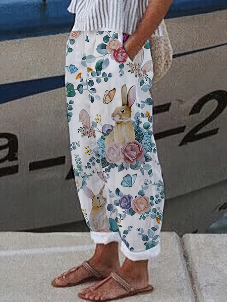 

Women Floral Ankle Pants Pants Casual Spring/Fall Trousers, White, Pants