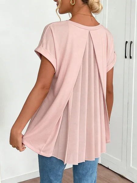 

V Neck Short Sleeve Plain Regular Regular Fit Blouse For Women, Pink, Blouses