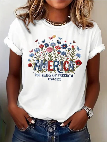 

Casual Floral Crew Neck Short Sleeve T-shirt, White, T-shirts