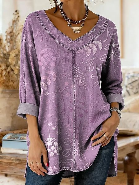 

Vintage Floral V Neck Long Sleeve T-shirt, Purple, T-shirts