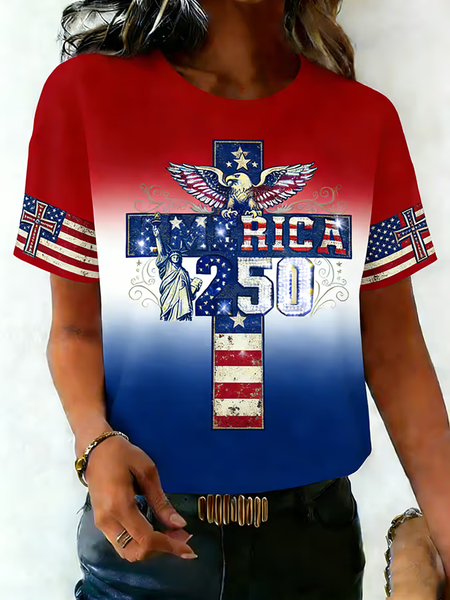 

Casual Independence Day (Flag) Crew Neck Short Sleeve T-shirt, As picture, T-shirts
