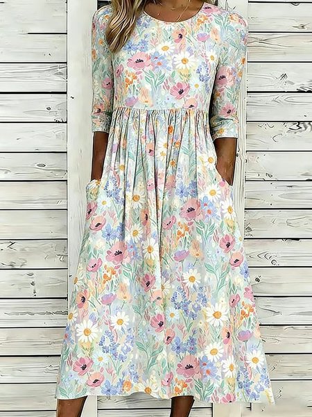 

Women Floral Summer Dress Crew Neck Half Sleeve A-Line Dress, As picture, Dresses
